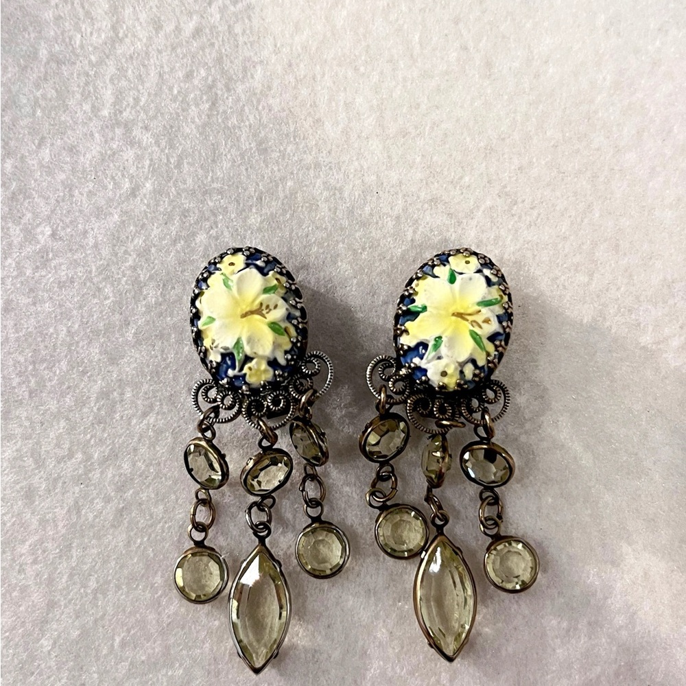 Vintage Hobe Floral Dangle Earrings with Yellow Accents
